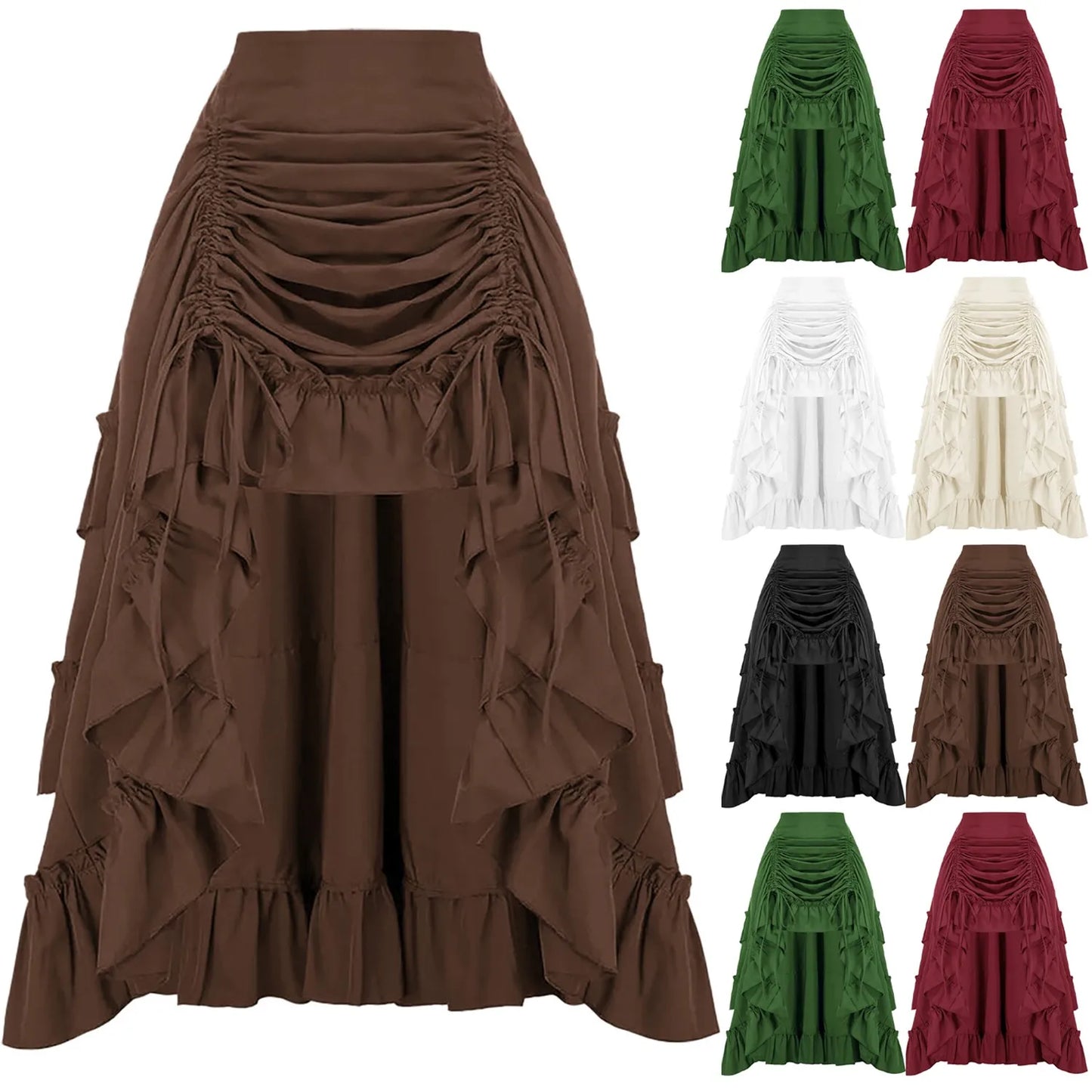 Long Bustle Skirt Pirate Costume Women Goth Outfit Victorian Steampunk Ruffle Vintage Drawstring Layer High Low Skirt Halloween