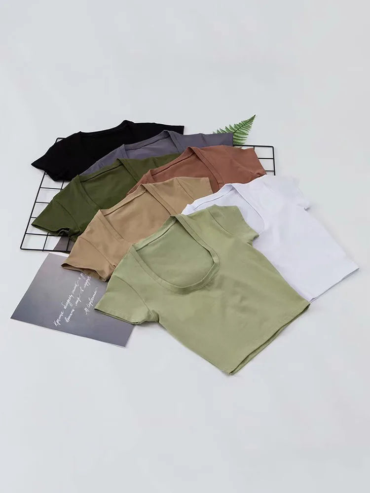 U-Neck Crop Top Solid Color Women Casual High Waist T Shirt Basic Streetwear Short Sleeve Slimming