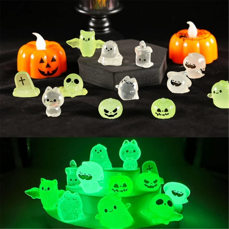 Set of 48 Glowing Halloween Miniature Charm Eerie Miniature Resin Halloween Decorations for Microcosmic Garden Scenes