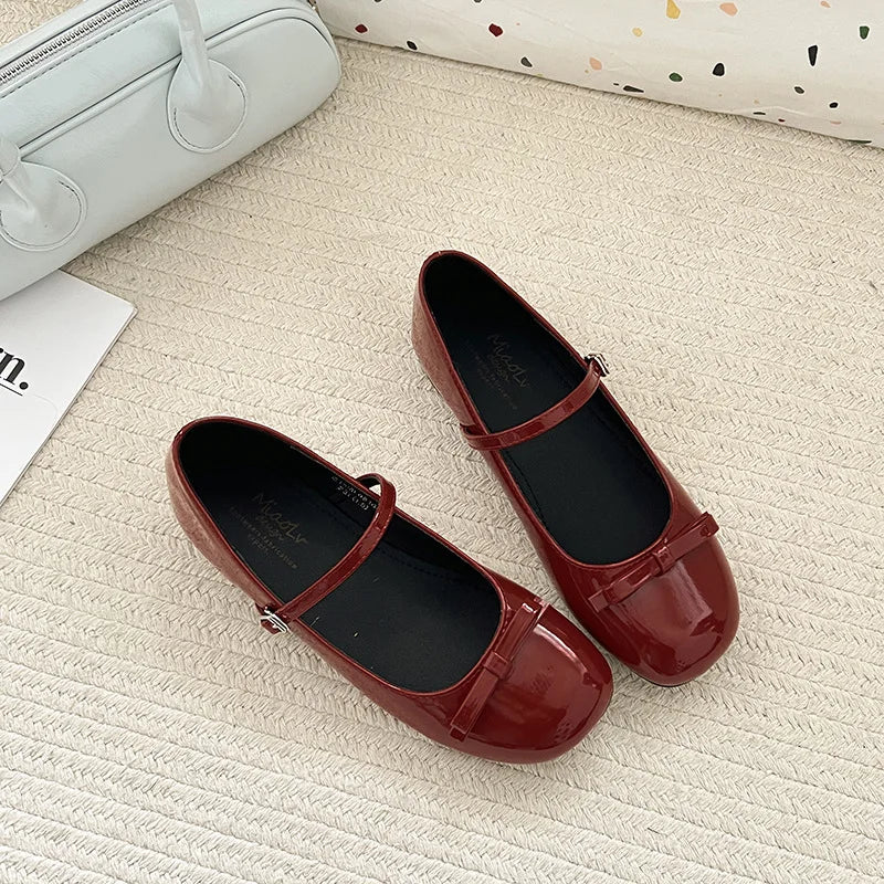 Wine Red Mary Jane Shoes For Women Low Heel Fashion Butterfly-knot Roud Toe Female Eelgant Dress Leather Shoes