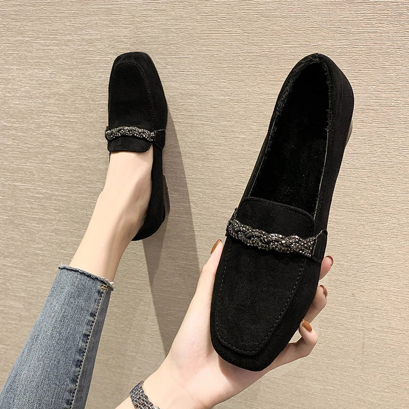 Autumn Winter Women Loafers Low Heels Boat Shoes Square Toe Dress Shoes Chain Faux Suede Ladies Low Heel Shoe