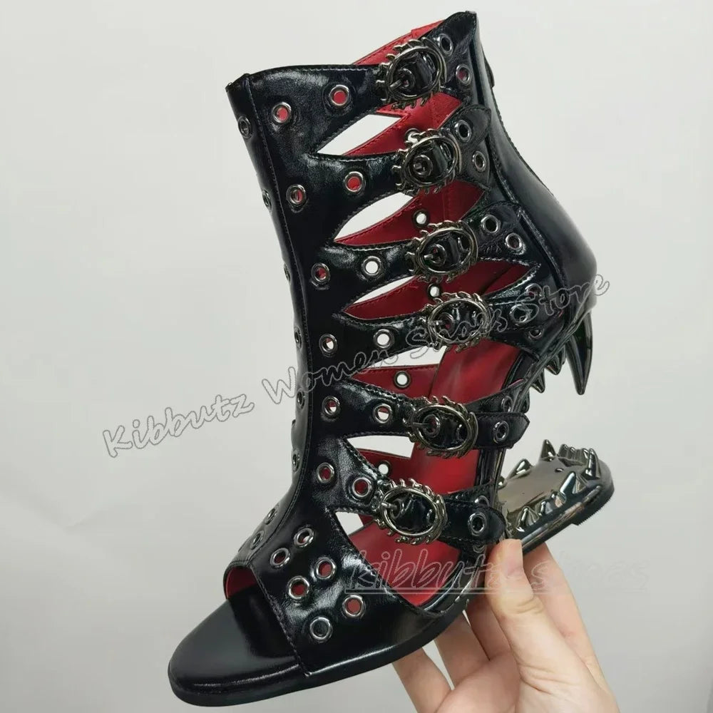 Teeth Strange Heel Gothic Sandals Hollow Dark Style Punk Rock Fashion Sexy Novelty Zippers Women Shoes Round Toe Summer Newest