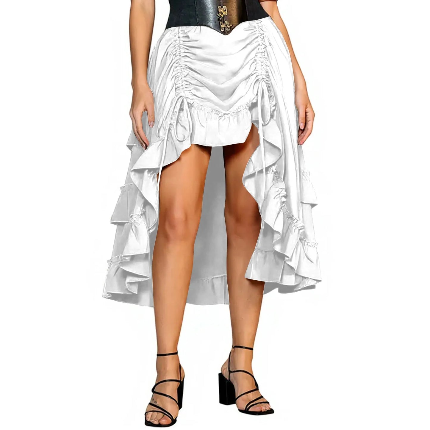 Long Bustle Skirt Pirate Costume Women Goth Outfit Victorian Steampunk Ruffle Vintage Drawstring Layer High Low Skirt Halloween