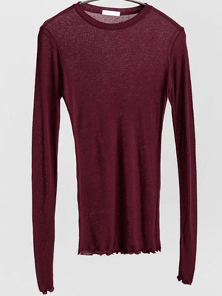 High Quality Plain T Shirt Women Elastic Basic T-shirts Female Casual Tops Long Sleeve Thin T-shirt see through