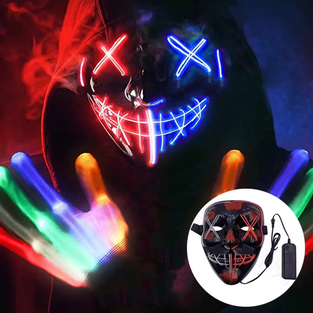 LED Illuminated Black V Shape Mask Haunted House Bar Party Cos Light Up Mask Halloween Party Scary Mask Decor