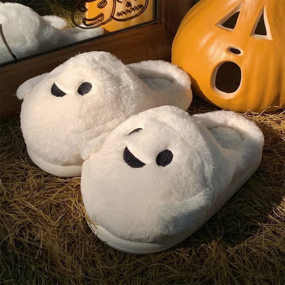 Soft Ghost Slippers Silent Warm Plush Slippers Non-Slip Thick Sole Winter Fluffy Slides Couples Halloween
