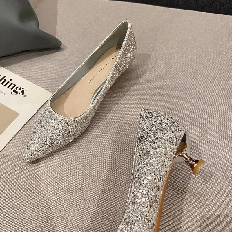 Gold High Heels Women Fashion Design Temperament Pointed Single Shoes Women's New Elegant Mid Heel Shoes Shiny Women's Shoes
