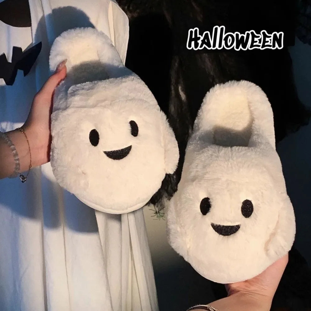 Soft Ghost Slippers Silent Warm Plush Slippers Non-Slip Thick Sole Winter Fluffy Slides Couples Halloween