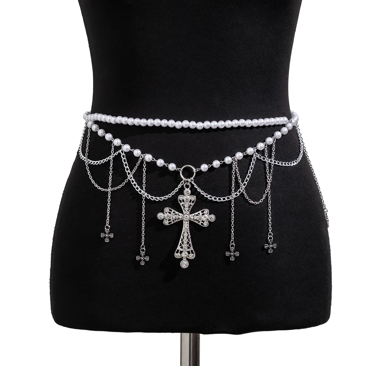 Salircon Steampunk Metal Mesh Tassel Cross Pendant Waist Chain Sexy Gothic Imitation Pearl Body Chain Women's Bar Body Jewelry