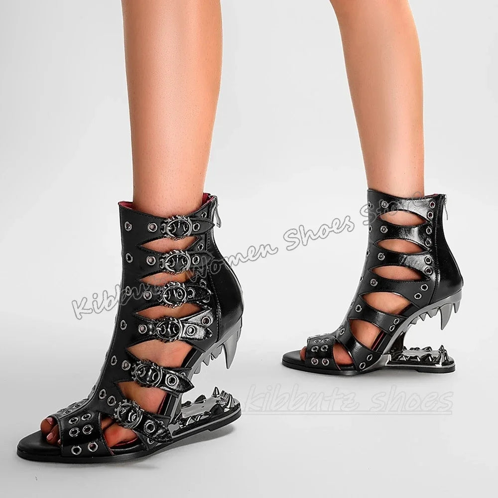 Teeth Strange Heel Gothic Sandals Hollow Dark Style Punk Rock Fashion Sexy Novelty Zippers Women Shoes Round Toe Summer Newest