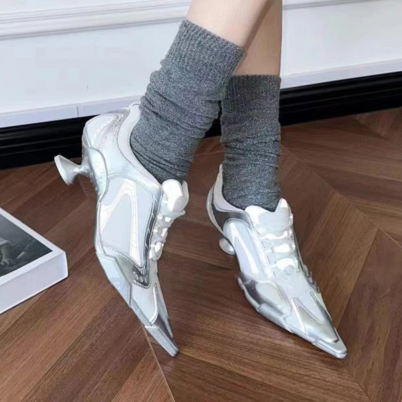 Elegant heel women's shoes Big size 43 Silver sheepskin Mesh Sports dance Training mid heel Fashion Pointed Toe Lace-up Pumps