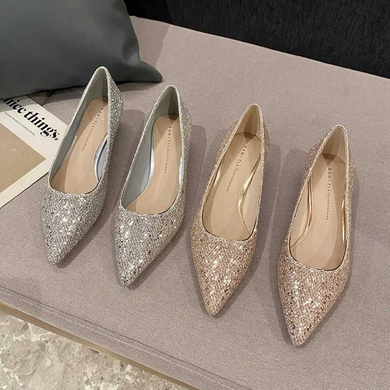 Gold High Heels Women Fashion Design Temperament Pointed Single Shoes Women's New Elegant Mid Heel Shoes Shiny Women's Shoes