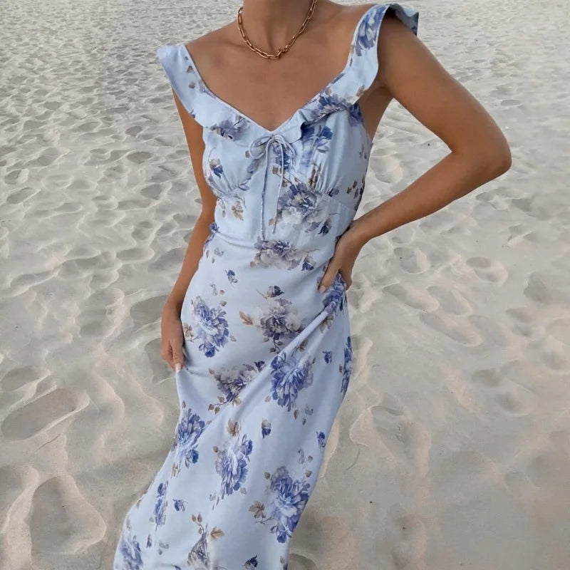 Cryptographic Summer Floral Print Plunge Maxi Dress Outfits Backless Fairy Sun Dresses Vestido Coquette
