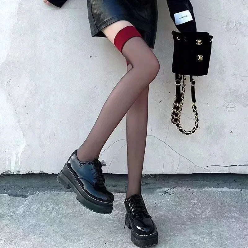 Red Edge New Over The Knee Long Socks Gothic Lace Transparent Thigh High Stockings Women Punk JK Thin Silk Solid Hosiery