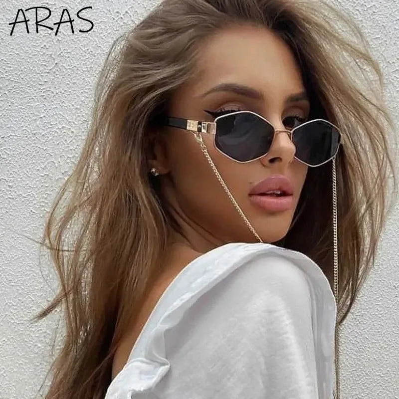 Retro Small Frame Hexagon Sunglasses Women With Chain 2025 Luxury Brand Steampunk Unique Polygon Sun Glasses For Ladies Eyewear