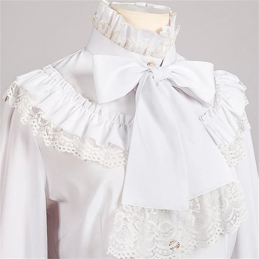 White Bowknot Lace Ruffled Shirt Vintage Vampire Renaissance Victorian Steampunk Gothic Medieval Shirt Halloween Costume