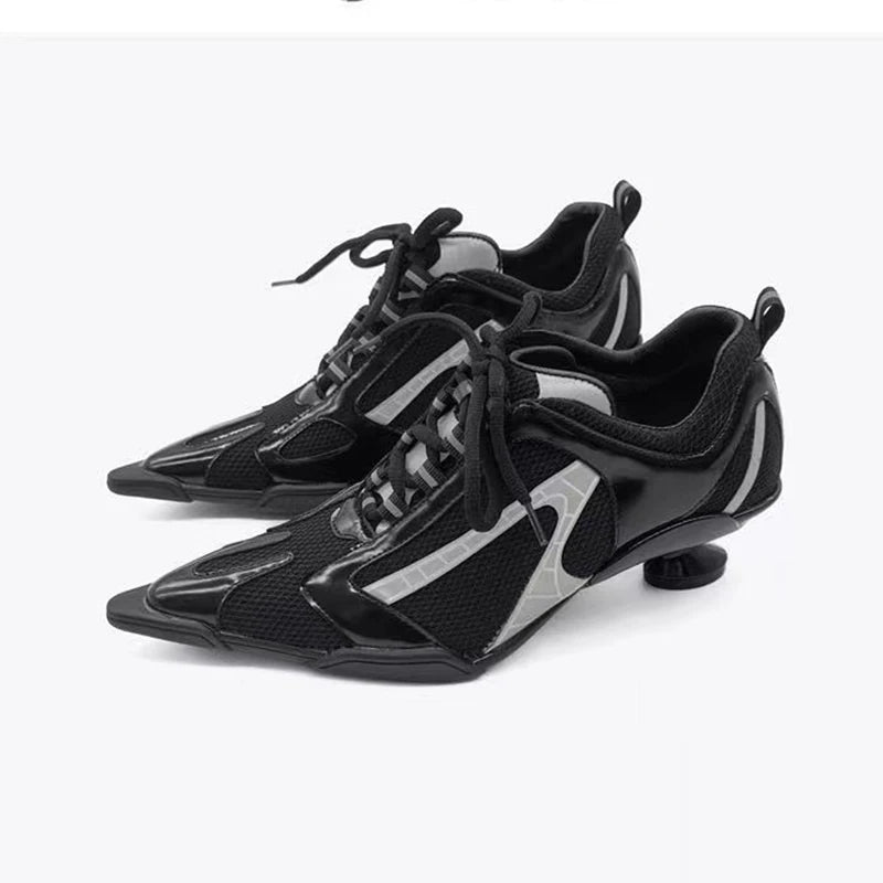 Elegant heel women's shoes Big size 43 Silver sheepskin Mesh Sports dance Training mid heel Fashion Pointed Toe Lace-up Pumps