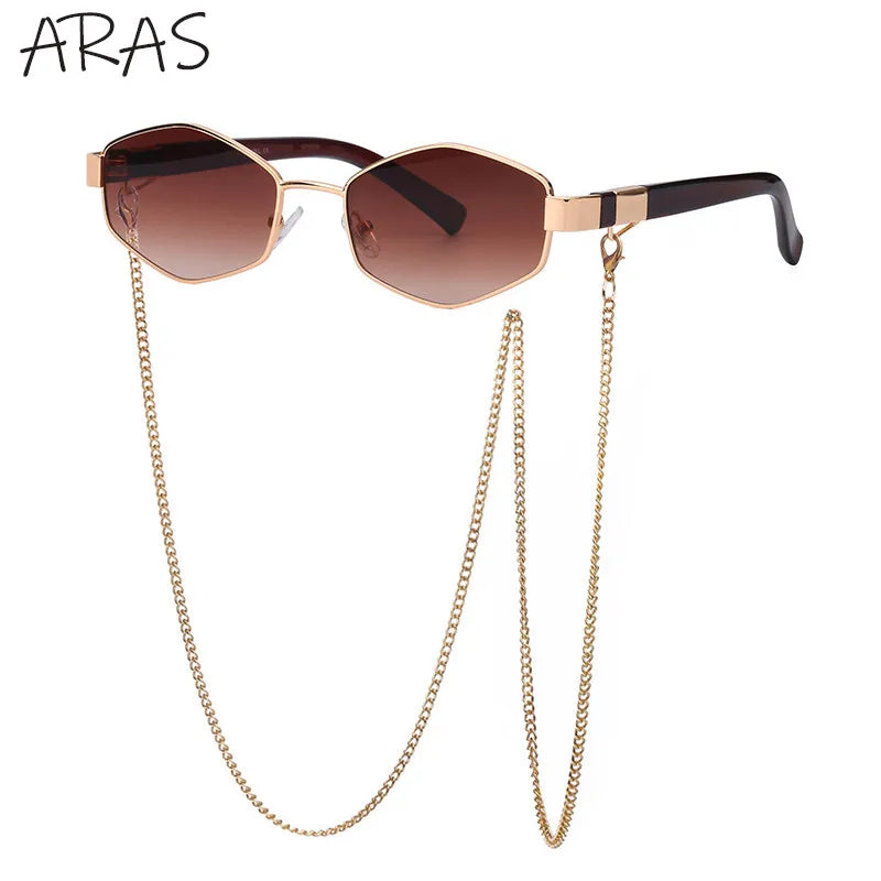 Retro Small Frame Hexagon Sunglasses Women With Chain 2025 Luxury Brand Steampunk Unique Polygon Sun Glasses For Ladies Eyewear