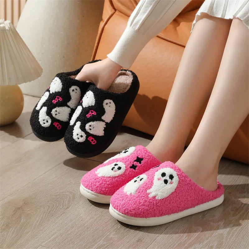 Ghost Pattern Couple Cotton Slippers Round Toe Flat Heel Bedroom Slides Short Plush Soft Non Slip Slippers