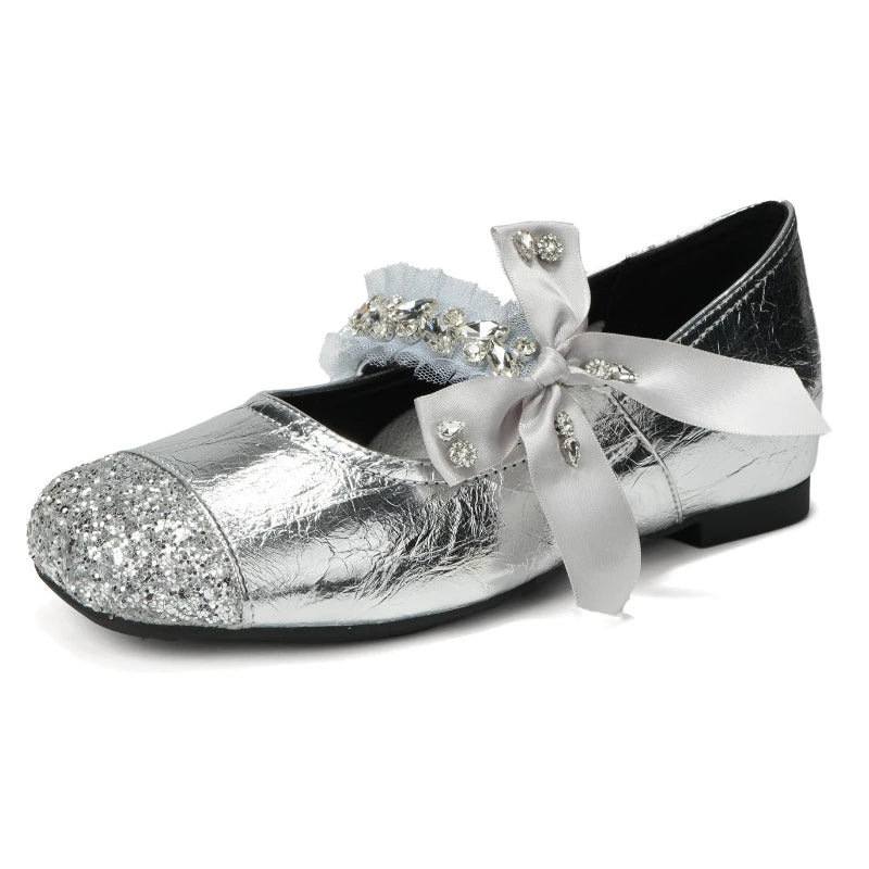 Shining Rhinestone Mary Jane Shoes Women Butterfly-Knot Fashion Shallow Comfort Casual Flats Shoes Elegant Dress Shoes Female