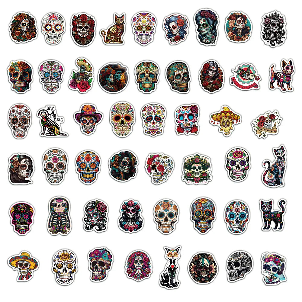 50PCS Cartoon Skull Scary Waterproof Decorative Stickers Day of the Dead Decorative DIY Stickers
