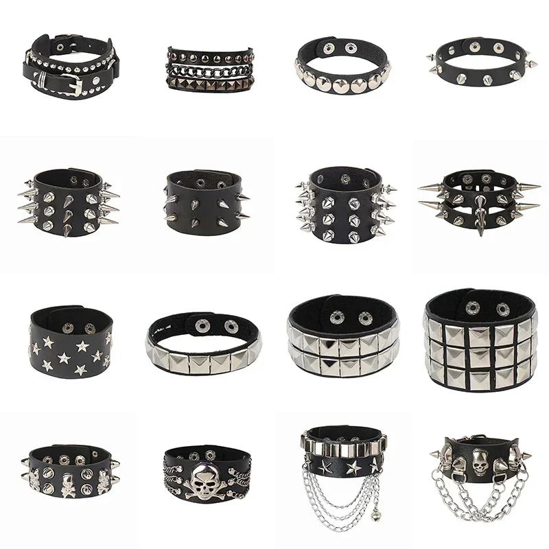 New PU Leather Studded Bracelet Punk Bracelet Adjustable Goth Cuff Bracelet Gothic Rivet Buckle Wristband for Men Women