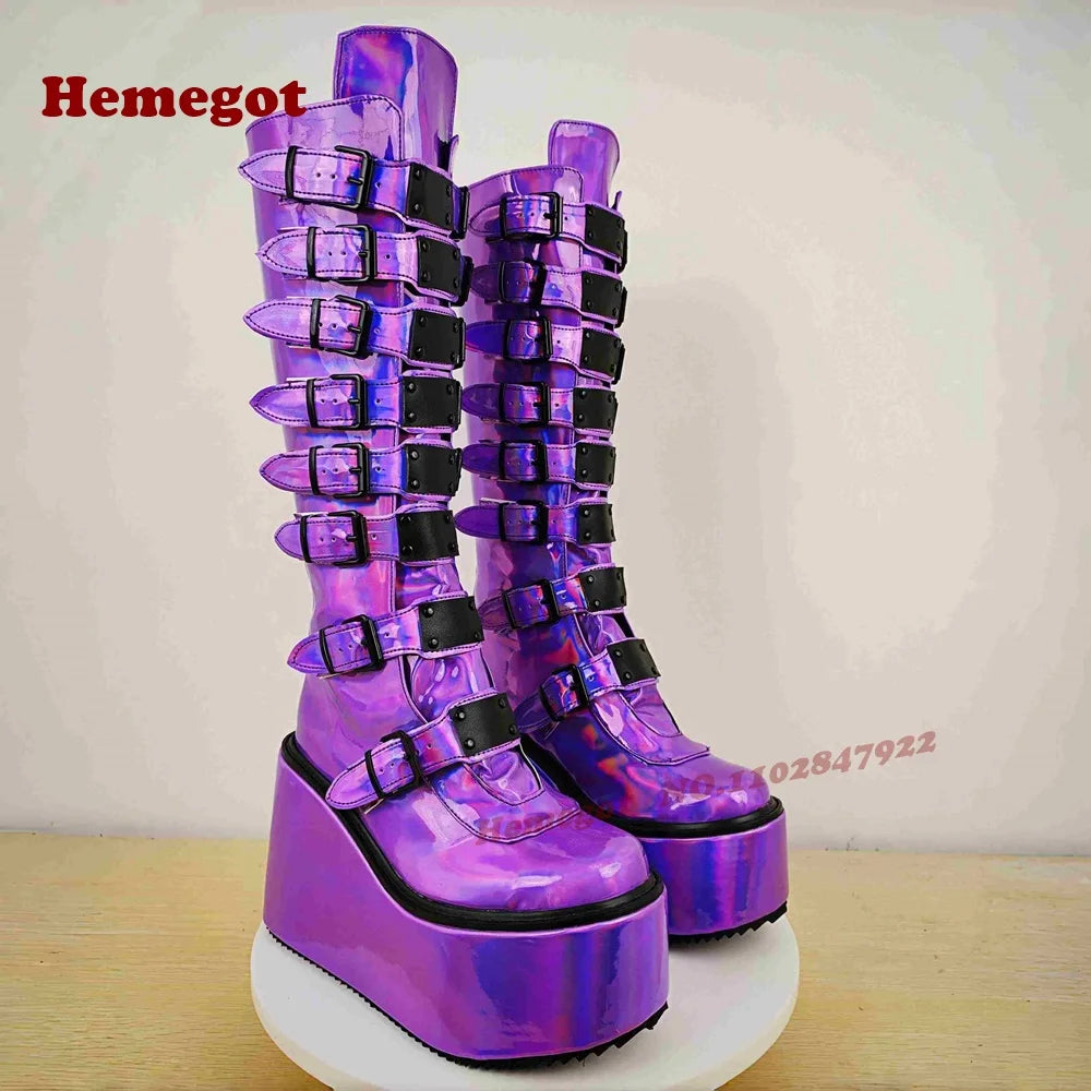 Silver Platform Belt-Buckled Boots Round Toe Wedges Metal Decor Women's Knee High Boots Glossy Gothic Punk Shoes Thick Soled