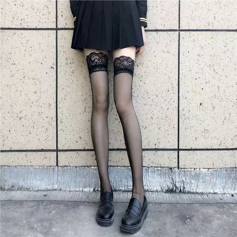 Red Edge New Over The Knee Long Socks Gothic Lace Transparent Thigh High Stockings Women Punk JK Thin Silk Solid Hosiery