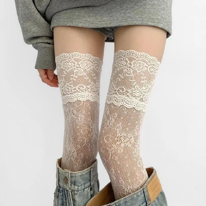 Red Edge New Over The Knee Long Socks Gothic Lace Transparent Thigh High Stockings Women Punk JK Thin Silk Solid Hosiery