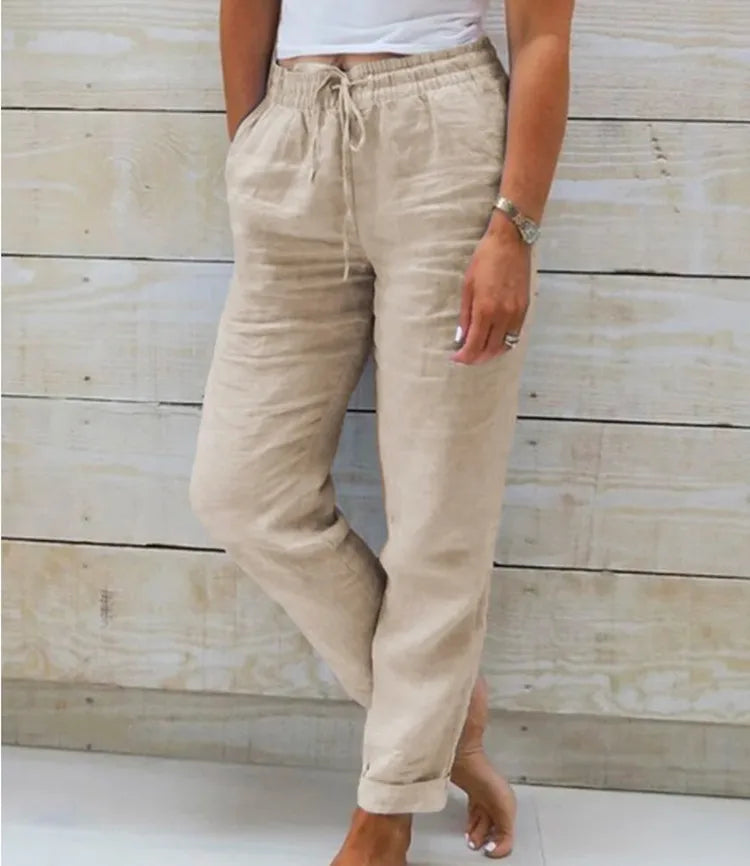 Cotton Linen Pants for Women High Waist Elastic Casual Trousers Streetwear Solid Female Clothes Loose Pencil Pants