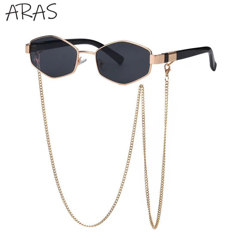 Retro Small Frame Hexagon Sunglasses Women With Chain 2025 Luxury Brand Steampunk Unique Polygon Sun Glasses For Ladies Eyewear