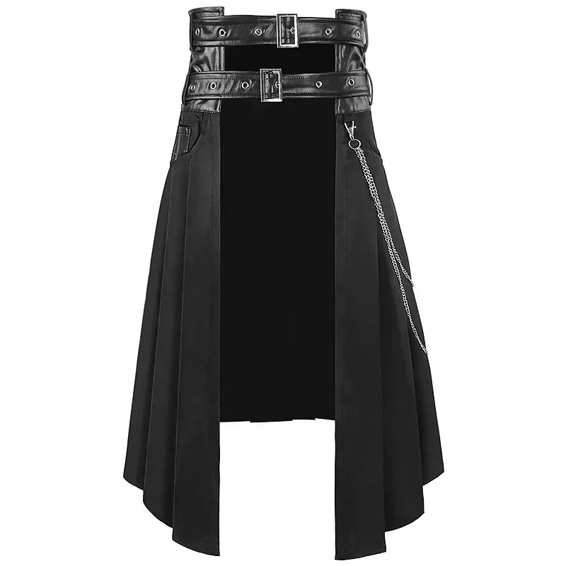 Men Dark Rock Punk Steam Gothic Asymmetrical Pleated Half Skirt