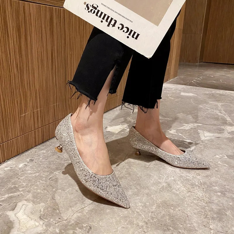 Gold High Heels Women Fashion Design Temperament Pointed Single Shoes Women's New Elegant Mid Heel Shoes Shiny Women's Shoes