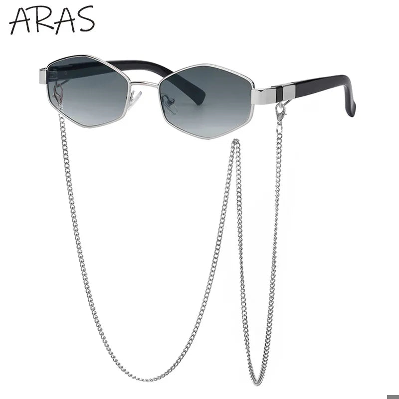 Retro Small Frame Hexagon Sunglasses Women With Chain 2025 Luxury Brand Steampunk Unique Polygon Sun Glasses For Ladies Eyewear