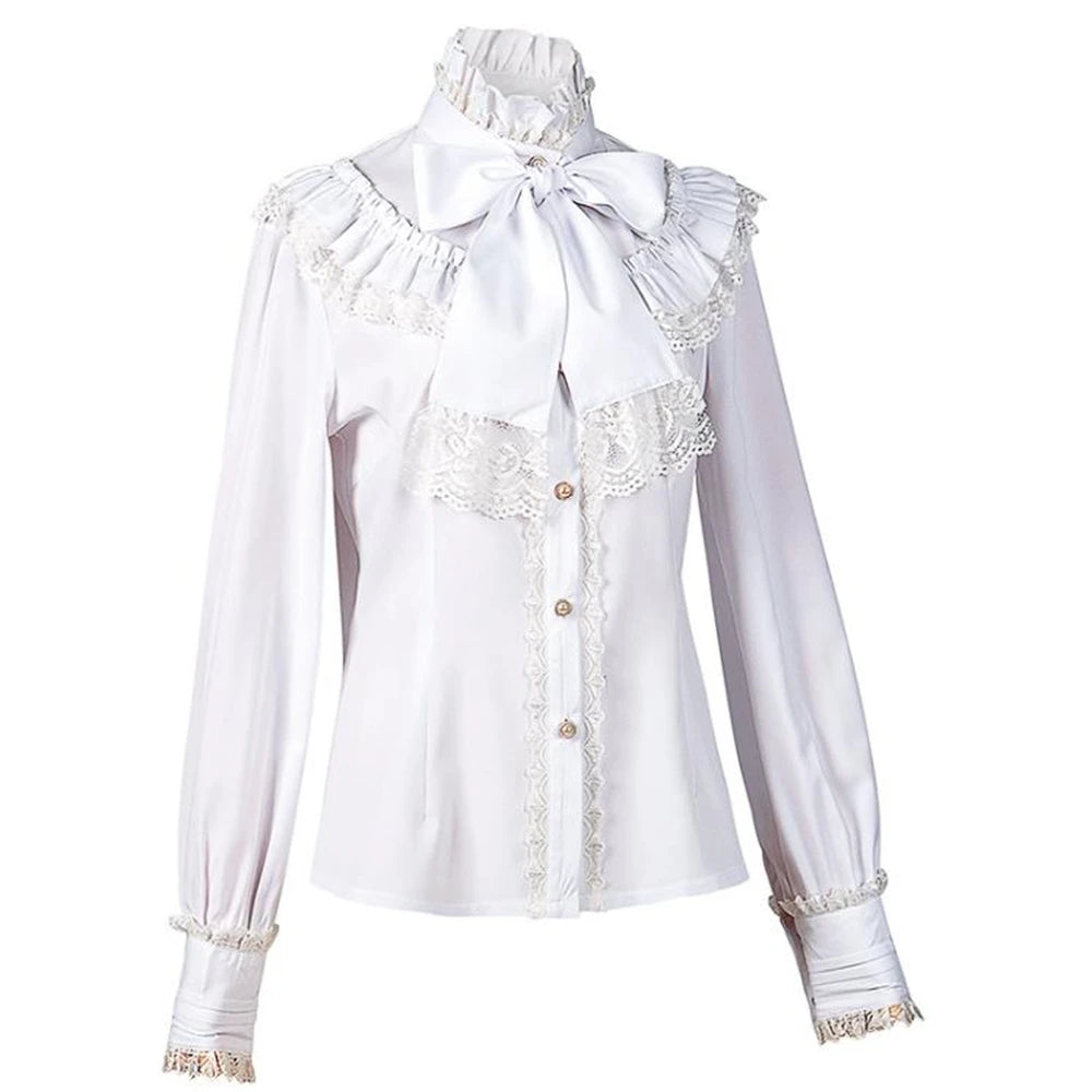 White Bowknot Lace Ruffled Shirt Vintage Vampire Renaissance Victorian Steampunk Gothic Medieval Shirt Halloween Costume