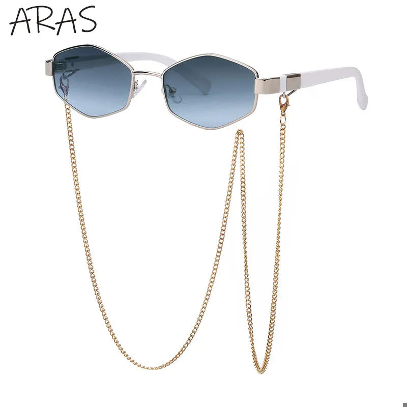 Retro Small Frame Hexagon Sunglasses Women With Chain 2025 Luxury Brand Steampunk Unique Polygon Sun Glasses For Ladies Eyewear