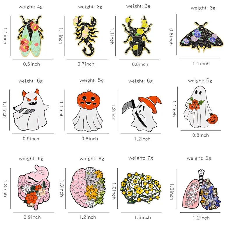 3-6 Pcs/Set Goth Enamel Pin Ghost Black Cat Moth Witch Punk Brooches Horror Snake Badges Lapel Skeleton Jewelry Gifts Halloween