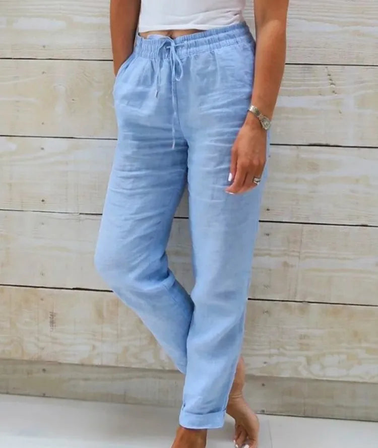 Cotton Linen Pants for Women High Waist Elastic Casual Trousers Streetwear Solid Female Clothes Loose Pencil Pants