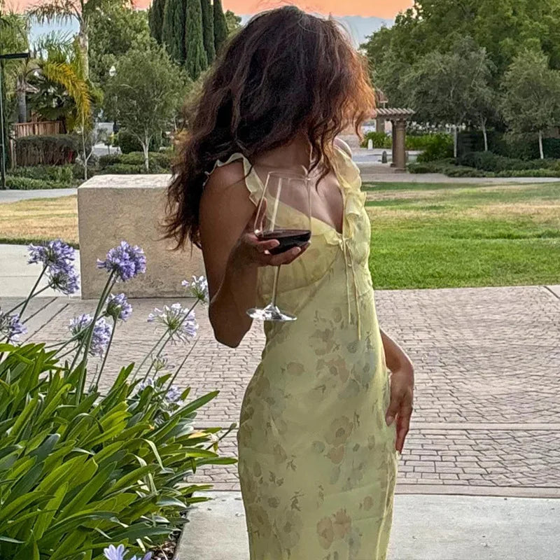 Cryptographic Summer Floral Print Plunge Maxi Dress Outfits Backless Fairy Sun Dresses Vestido Coquette