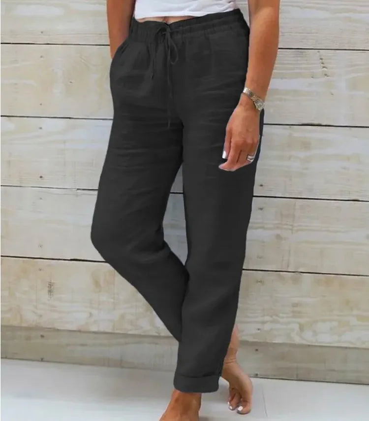 Cotton Linen Pants for Women High Waist Elastic Casual Trousers Streetwear Solid Female Clothes Loose Pencil Pants