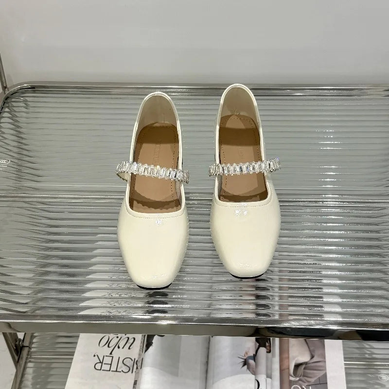 Pu Leather Concise Low Heel Pumps Women Shiny Crystal Soft Sole Non Slip Loafers Summer Light Square Toe Platform Office Shoes