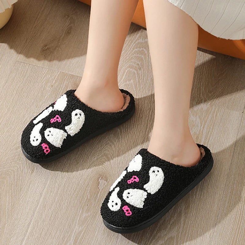 Ghost Pattern Couple Cotton Slippers Round Toe Flat Heel Bedroom Slides Short Plush Soft Non Slip Slippers