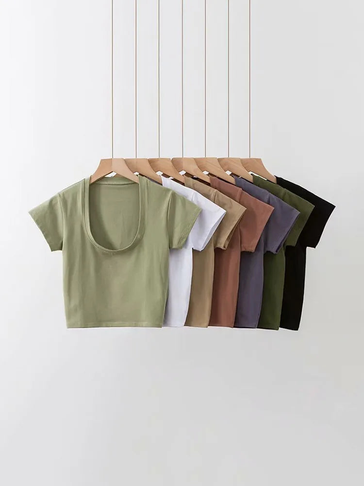 U-Neck Crop Top Solid Color Women Casual High Waist T Shirt Basic Streetwear Short Sleeve Slimming