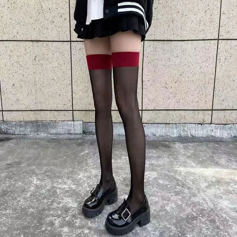 Red Edge New Over The Knee Long Socks Gothic Lace Transparent Thigh High Stockings Women Punk JK Thin Silk Solid Hosiery