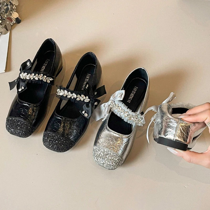 Shining Rhinestone Mary Jane Shoes Women Butterfly-Knot Fashion Shallow Comfort Casual Flats Shoes Elegant Dress Shoes Female