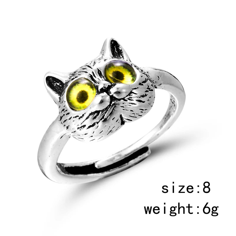 Vintage Cat Face Open Ring for Women Men Gothic Punk Adjustable Finger Knuckle Ring Animal Ring Party Friendship Jewelry Gift