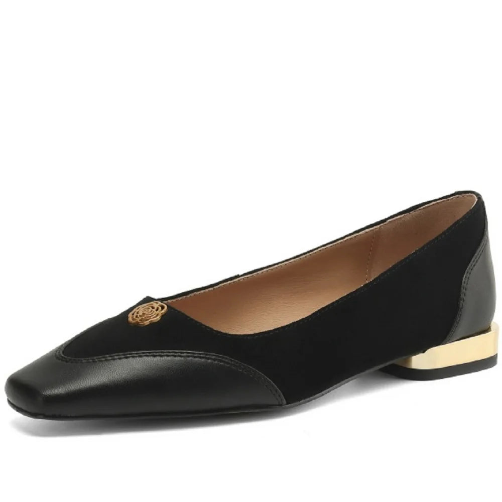 【JOCHEBED HU】Handmade Genuine Leather Low Cut Metal Heel Women's Shoes Comfortable Casual Footwear 34-40
