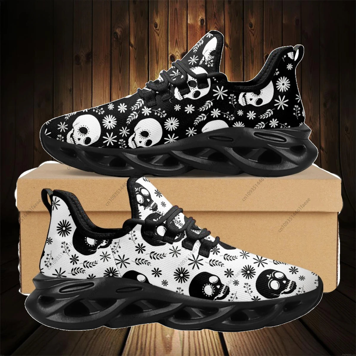 Custom Breathable Air Cushion Sneakers Gothic Skull Pattern Mesh Running Shoes for Women Mens Light Lace-up Zapatillas
