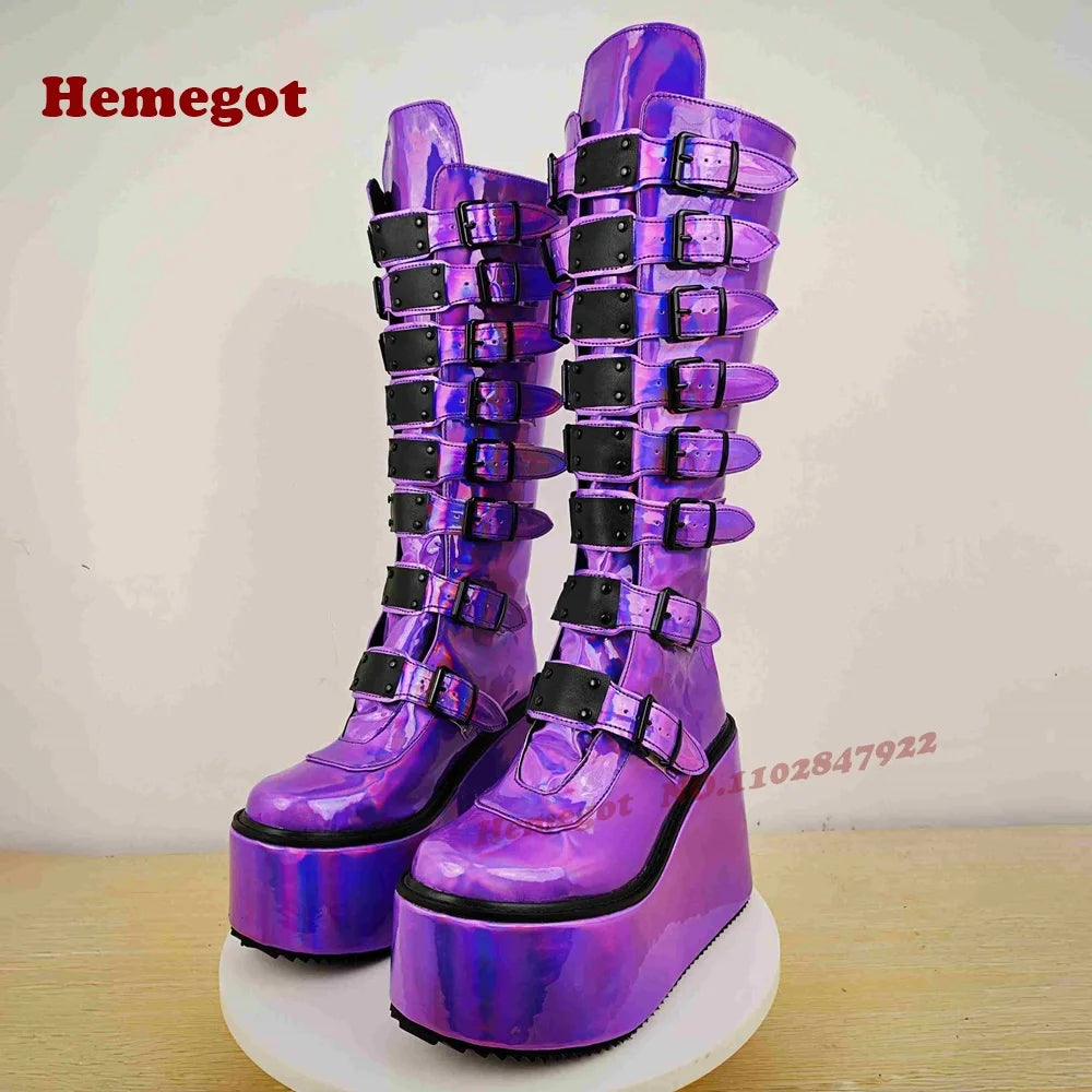 Silver Platform Belt-Buckled Boots Round Toe Wedges Metal Decor Women's Knee High Boots Glossy Gothic Punk Shoes Thick Soled