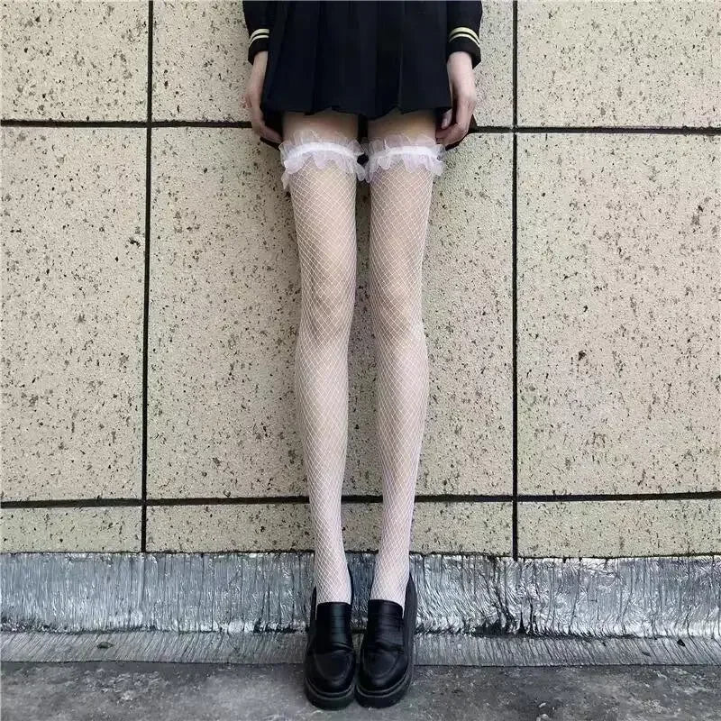 Red Edge New Over The Knee Long Socks Gothic Lace Transparent Thigh High Stockings Women Punk JK Thin Silk Solid Hosiery